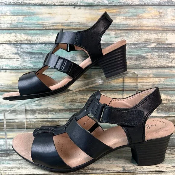 Clarks Sandals Size 7.5M Valarie Kerry Black Leather Dress Work Comfort Open Toe - Picture 2 of 10